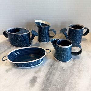 Vintage Miniature Kids Blue Enamelware Speckled Mini Set 5 Pc Watering Can Basin